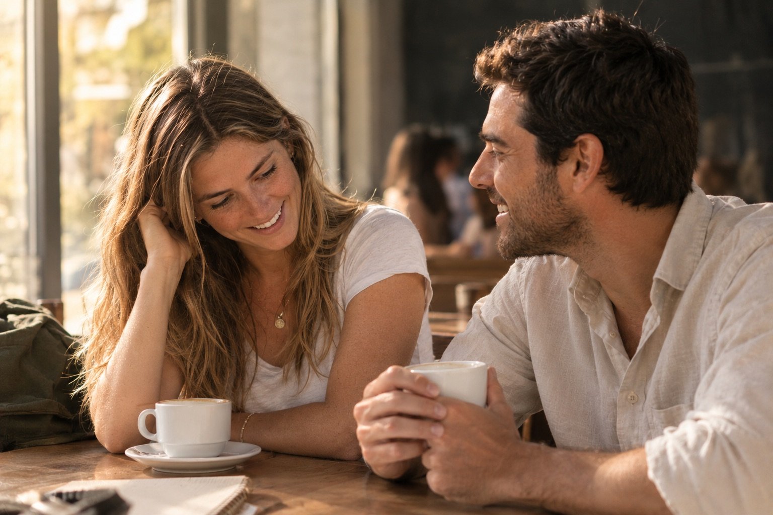 La pareja comparte un café y una conversación en el restaurante de la universidad