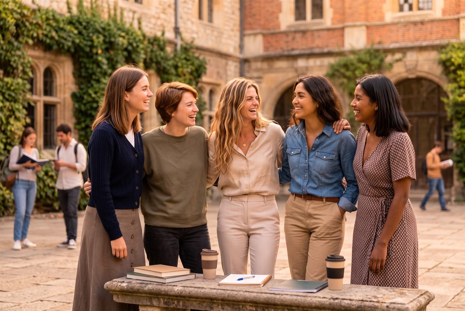 La novia ríe con sus amigas en el patio de la universidad